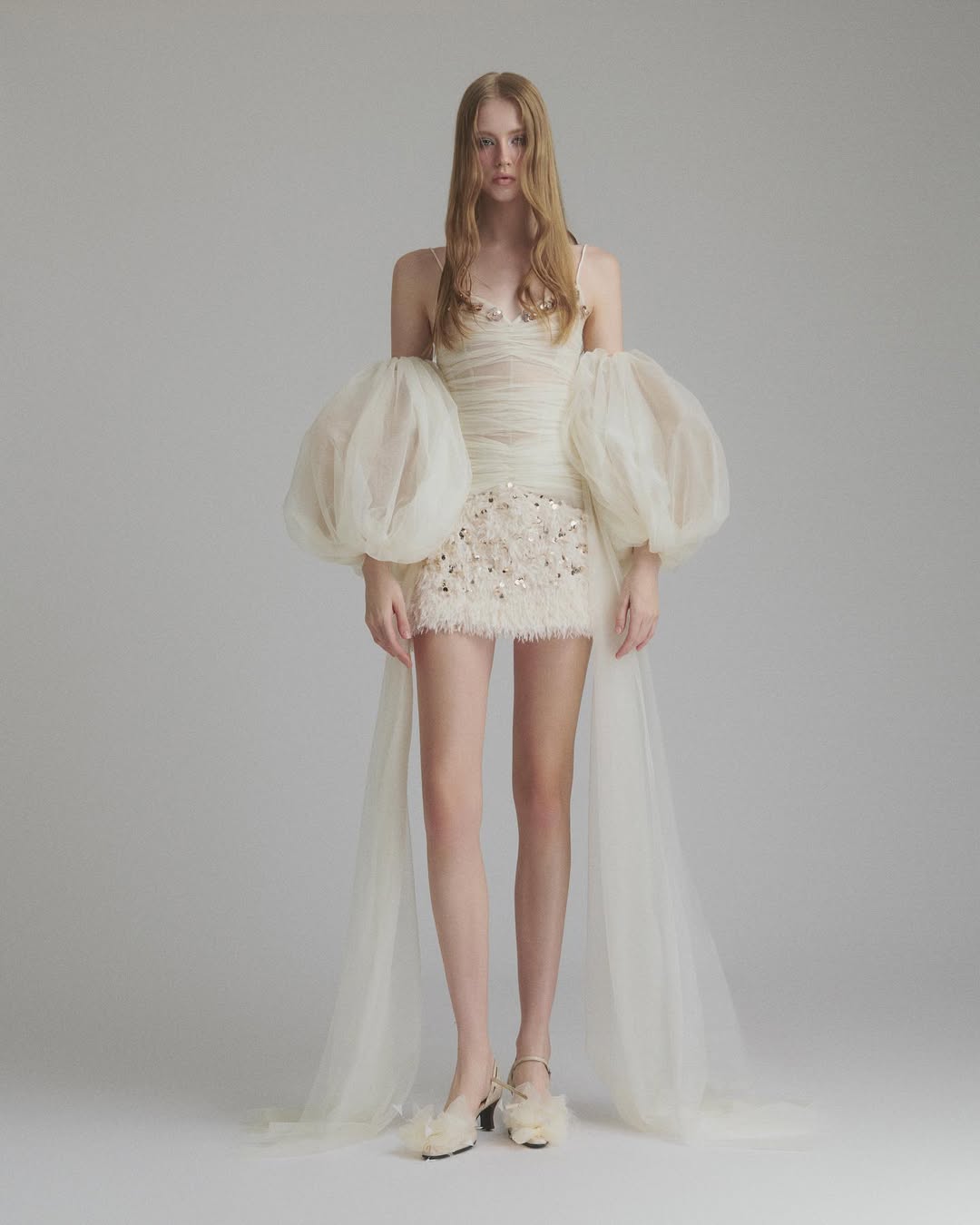 Sequined embellished organza mini dress in white Flowering Girl