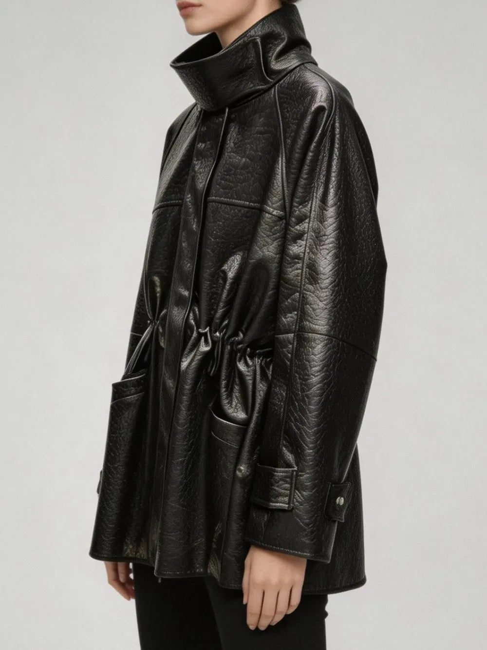 Malu PU Leather Drawstring Jacket Flowering Girl