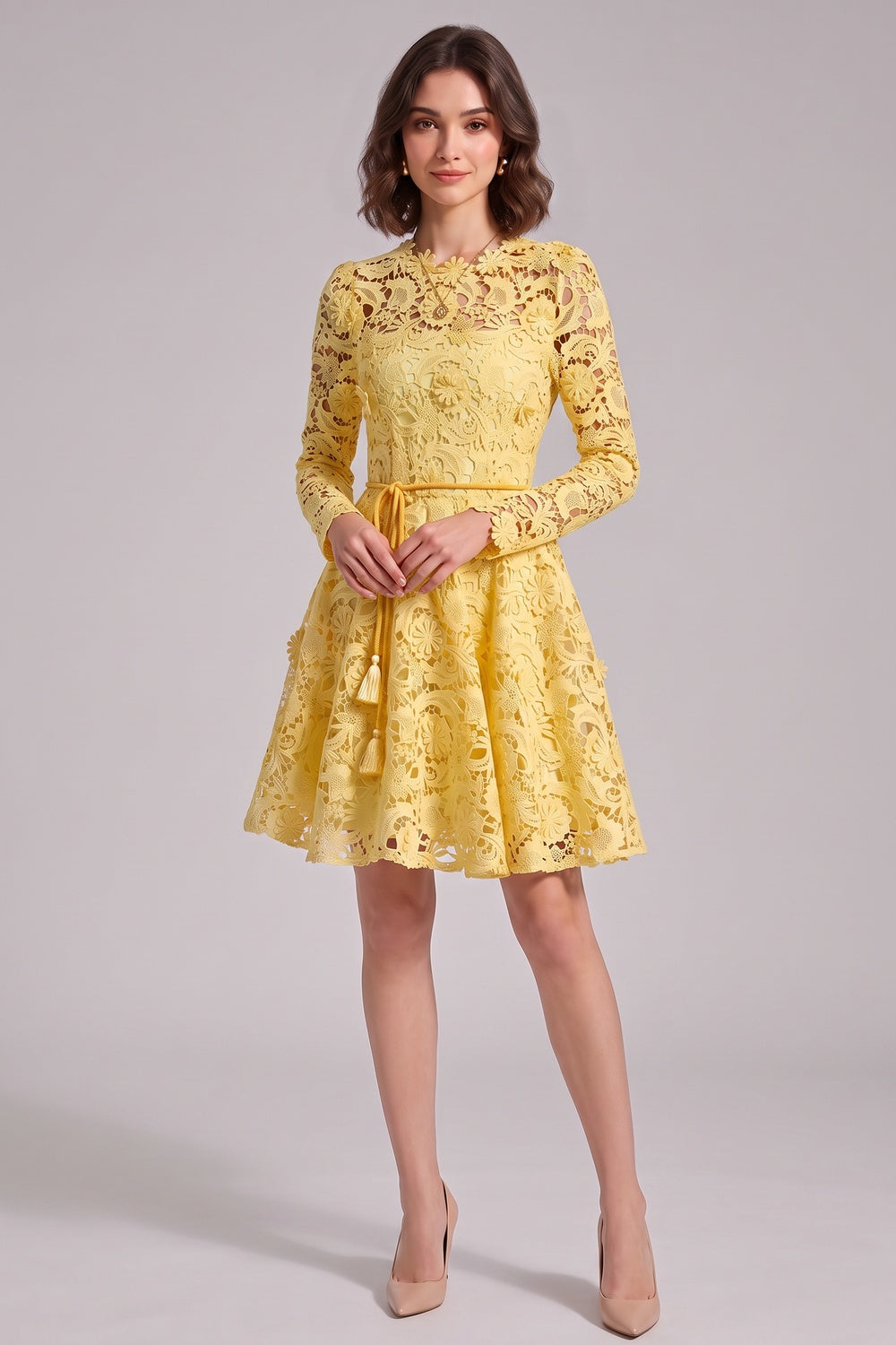 Yellow Guipure Lace Fit-And-Flare Dress Flowering Girl