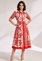Printed Structured Cotton Or Silk Blend A-Line, Fit-And-Flare Shirt Dress Flowering Girl