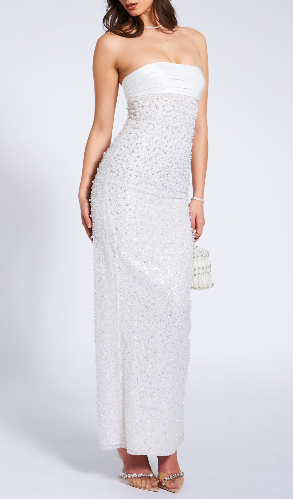 Alazne White Sequin Pearl Maxi Dress Flowering Girl