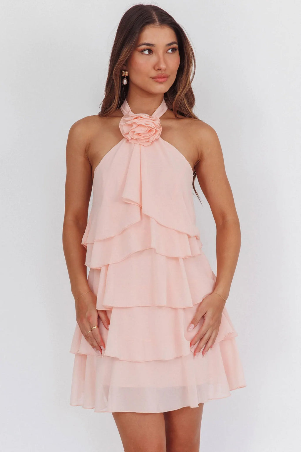 Rebecca Halterneck Ruffle Mini Dress In Pink Flowering Girl
