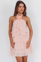 Rebecca Halterneck Ruffle Mini Dress In Pink Flowering Girl
