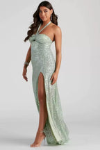 Halter Sequined Slit Maxi Dress Flowering Girl