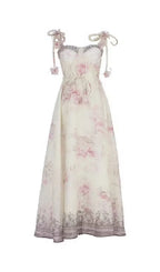 Pastel Floral Print Spaghetti Strap Midi Dress With 3D Flower Appliqués Flowering Girl