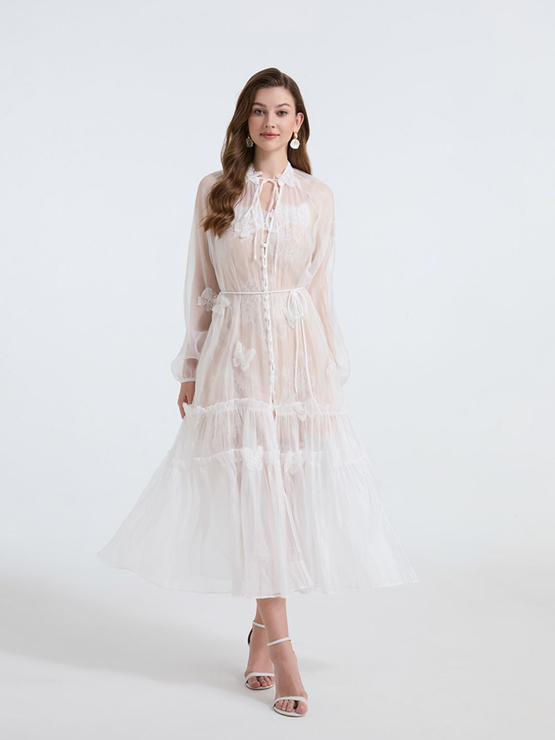 See-Through Blouse Maxi Dress With Lace Skirt In White Flowering Girl