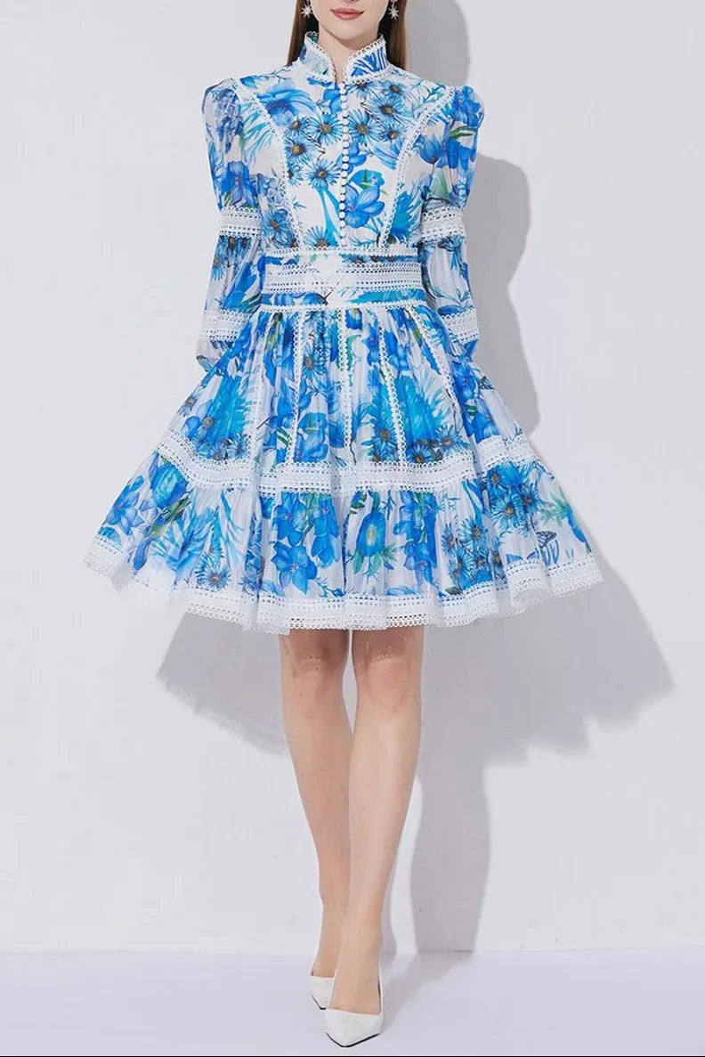 Sabrina Lace-Paneled Printed Lantern Sleeves Mini Dress In Blue Flowering Girl