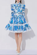 Sabrina Lace-Paneled Printed Lantern Sleeves Mini Dress In Blue Flowering Girl
