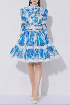 Sabrina Lace-Paneled Printed Lantern Sleeves Mini Dress In Blue Flowering Girl