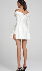 off-shoulder pleated trim mini dress in white Flowering Girl