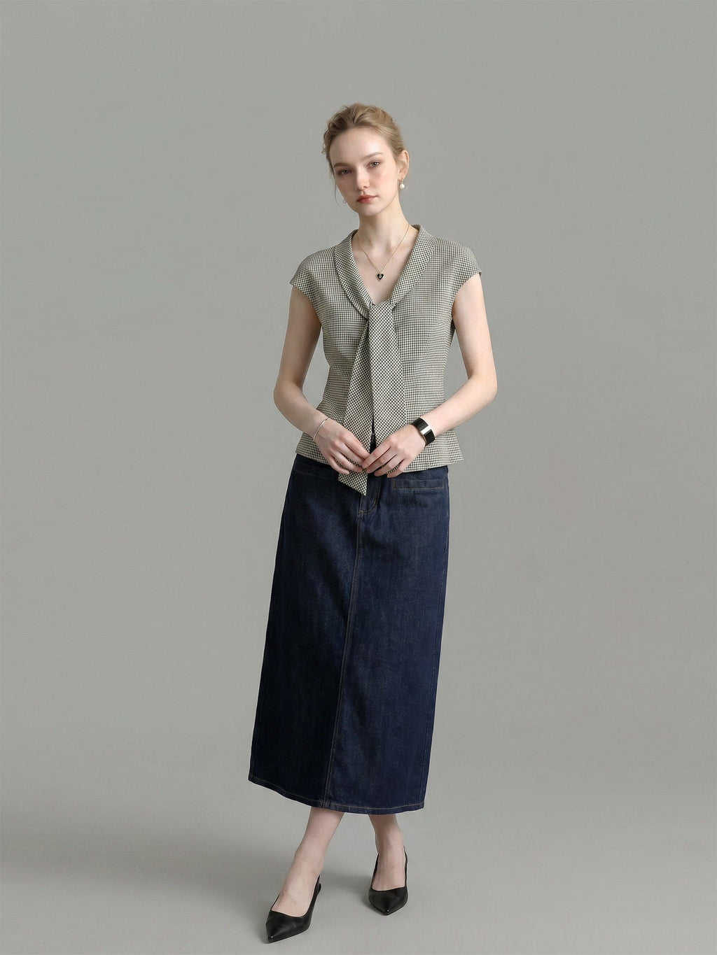 Houndstooth Lapel Tie Neck Cap Sleeve Slim Blouse Flowering Girl