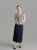 Houndstooth Lapel Tie Neck Cap Sleeve Slim Blouse Flowering Girl