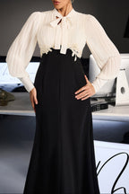 Carlin Balloon Sleeve Ruched Tie Up Midi Dress - White & Black Flowering Girl