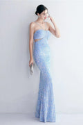 Marian Blue Cutout Sequins Halter Maxi Dress Flowering Girl