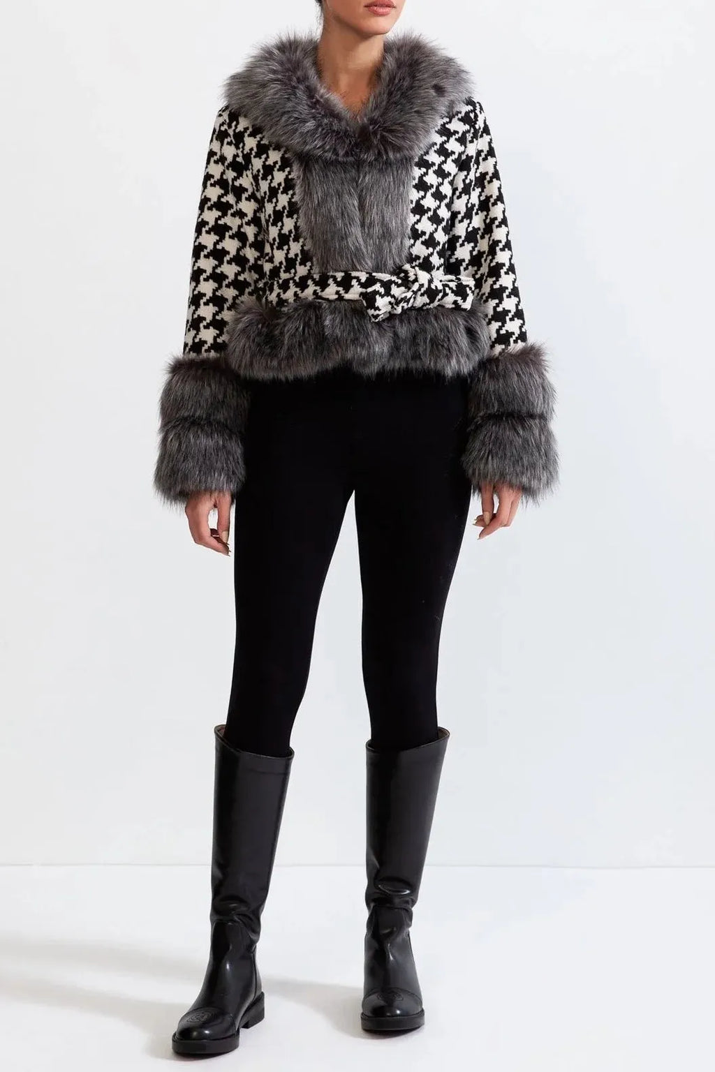 Natividad Houndstooth Wool Belted Coat With Fur Flowering Girl