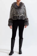 Natividad Houndstooth Wool Belted Coat With Fur Flowering Girl
