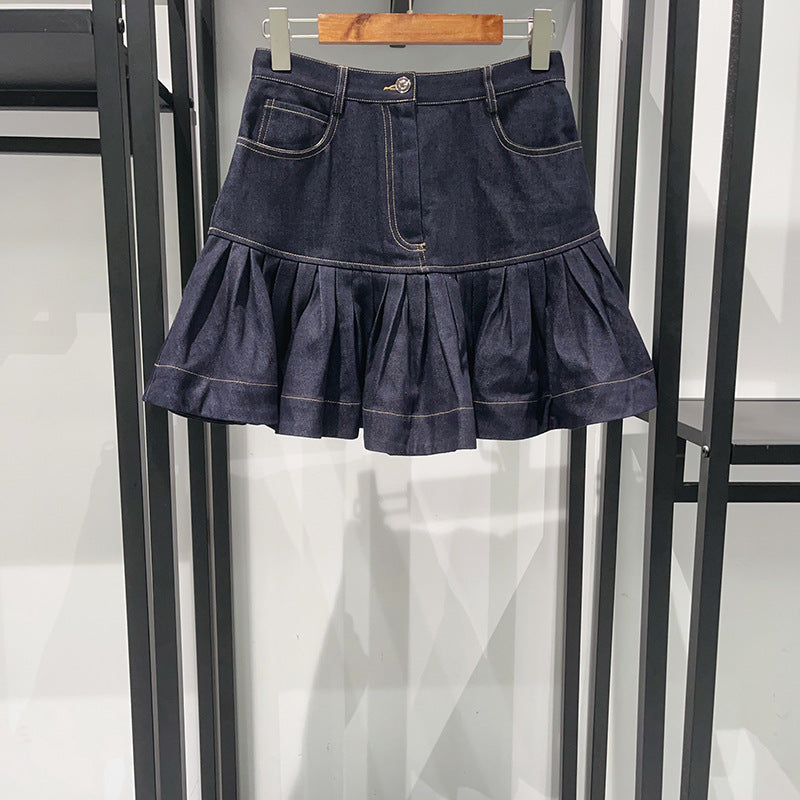 Ruffled Mini Denim Skirt In Deep Blue Flowering Girl