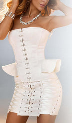 Lace-Up Off Shoulder Mini Dress In White Flowering Girl