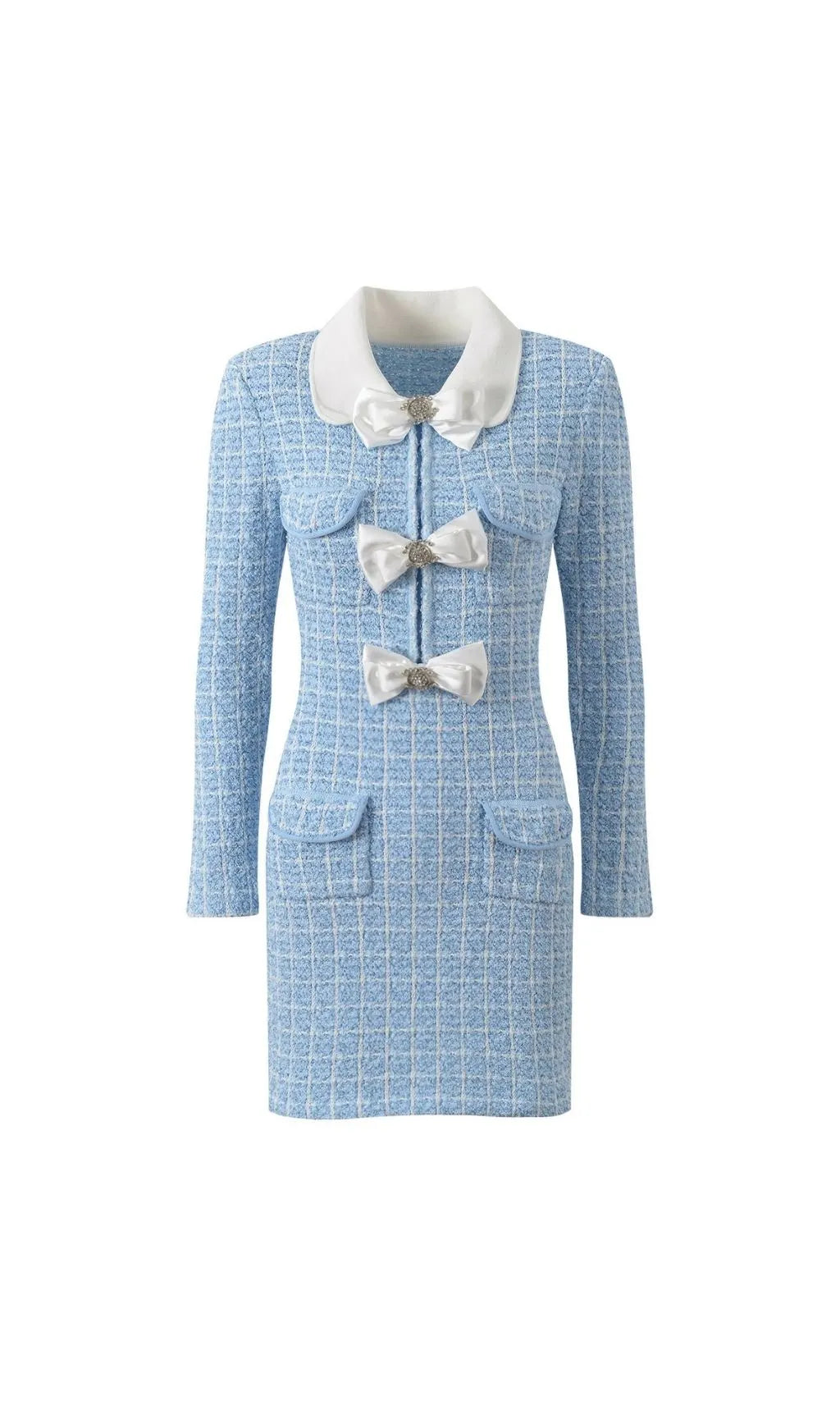 Blue Check Collared Knit Mini Dress Flowering Girl