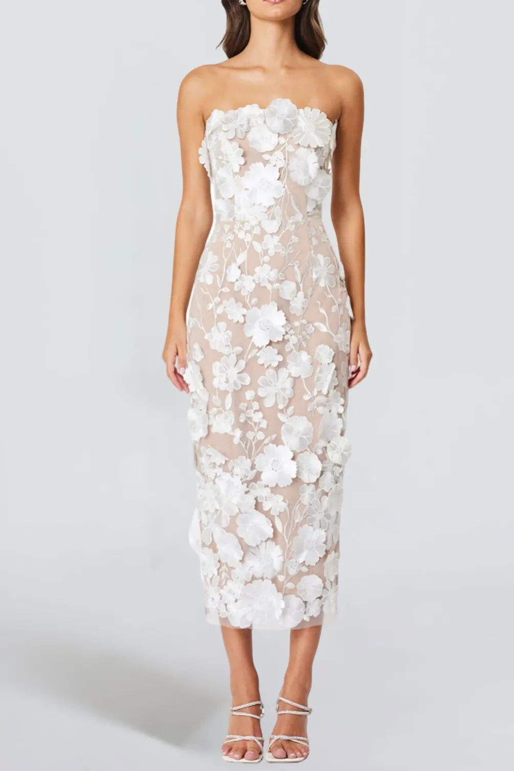 Helena Strapless Midi Dress In White Flowering Girl