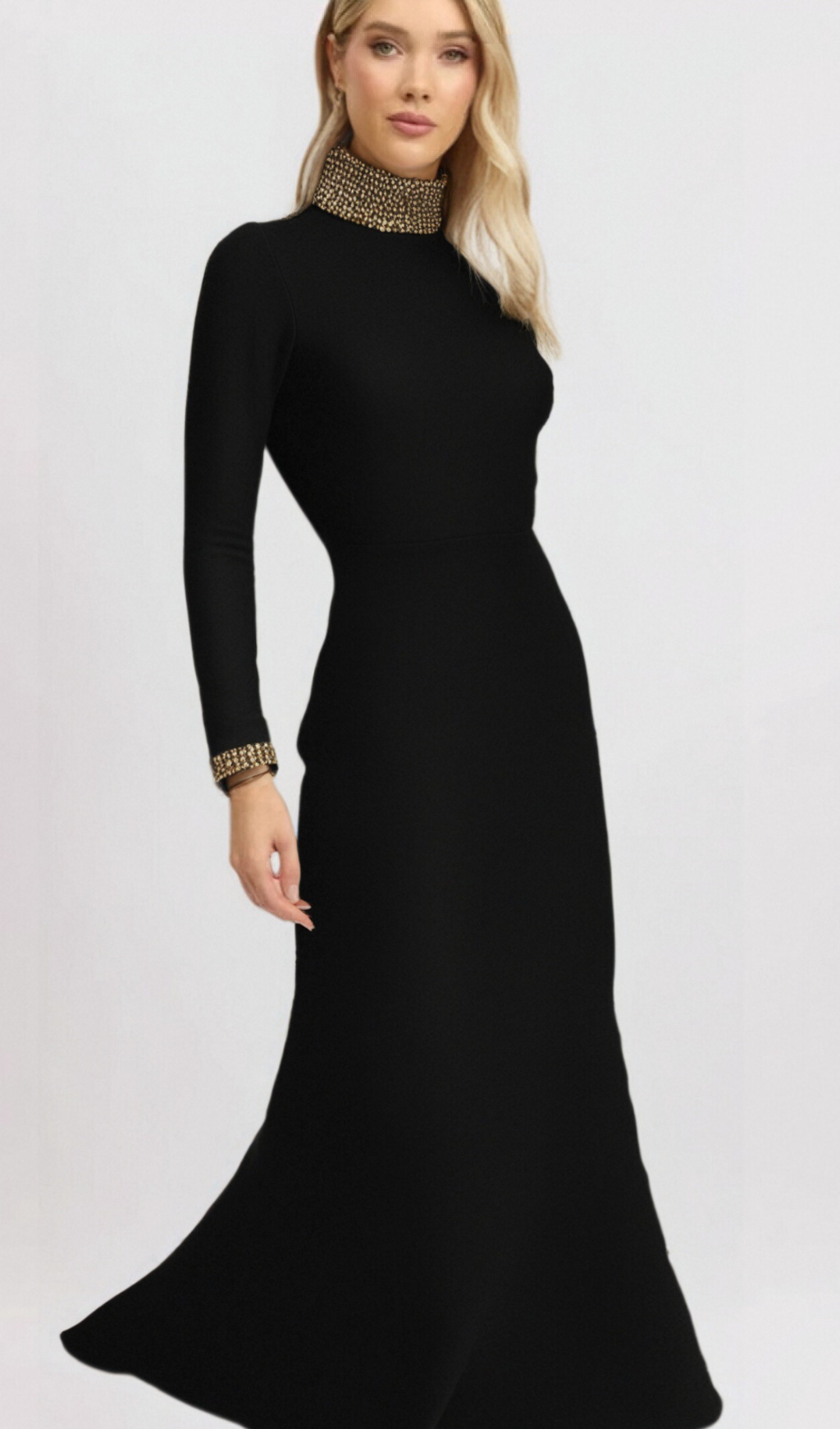 YVONNE LONG SLEEVE GOLD BEAD BANDAGE MIDI DRESS IN BLACK Flowering Girl