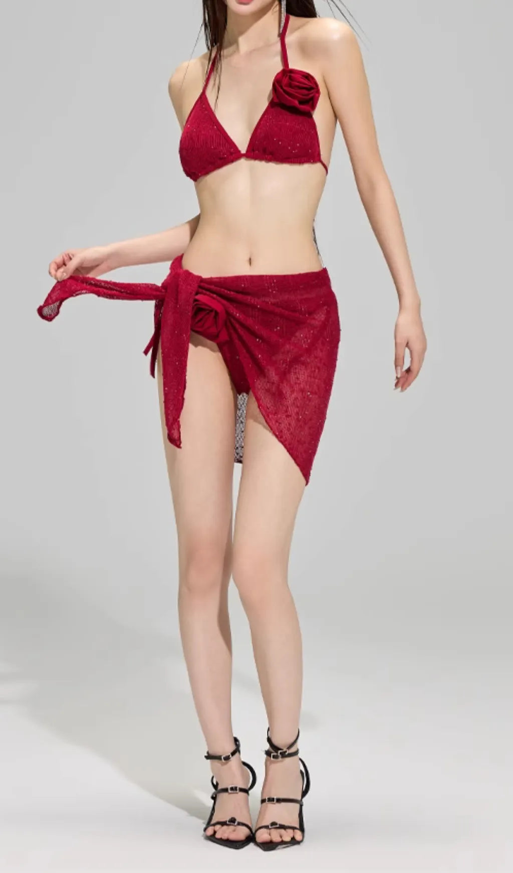 Darina Red Flower Sequin Three-Piece Swimsuit Flowering Girl