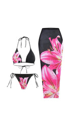 Grynn Floral Bikini Three Piece Set In Black Flowering Girl