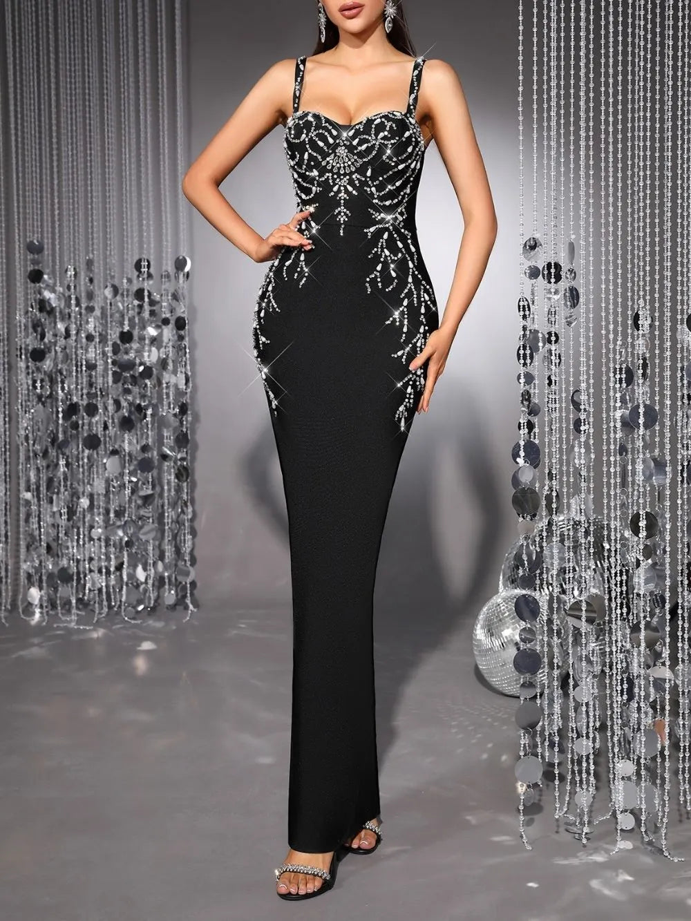Mariza Black Strappy Diamante Bandage Maxi Dress Flowering Girl