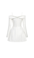 off-shoulder pleated trim mini dress in white Flowering Girl
