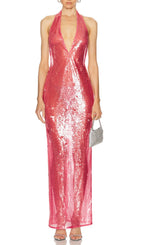 Brona Rose Red Halter Sequin Maxi Dress Flowering Girl