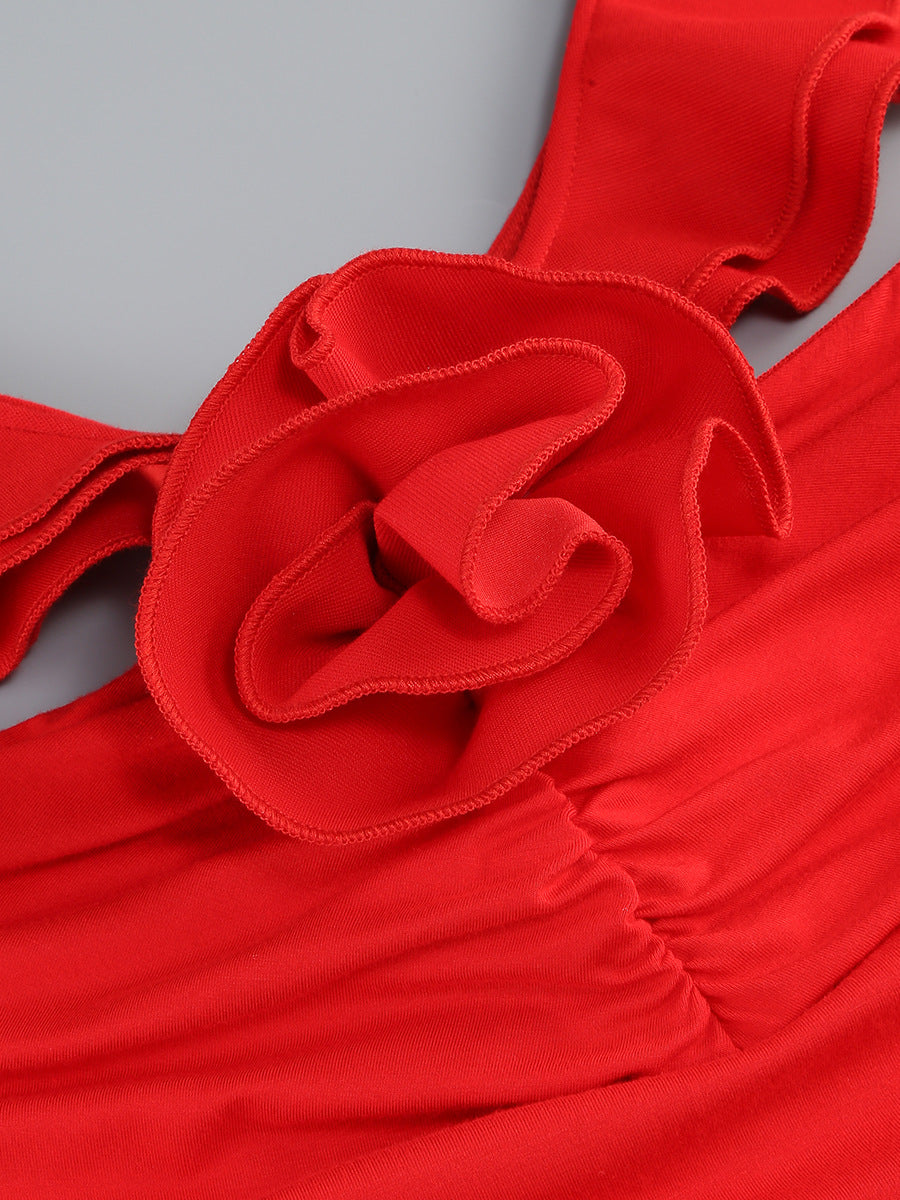 floral ruffle trim halter midi dress in red Flowering Girl