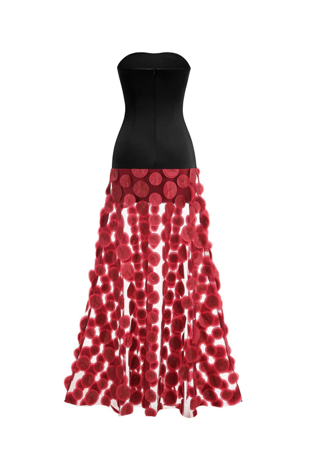 Nodin Strapless Dot Mesh Maxi Dress In Red Flowering Girl