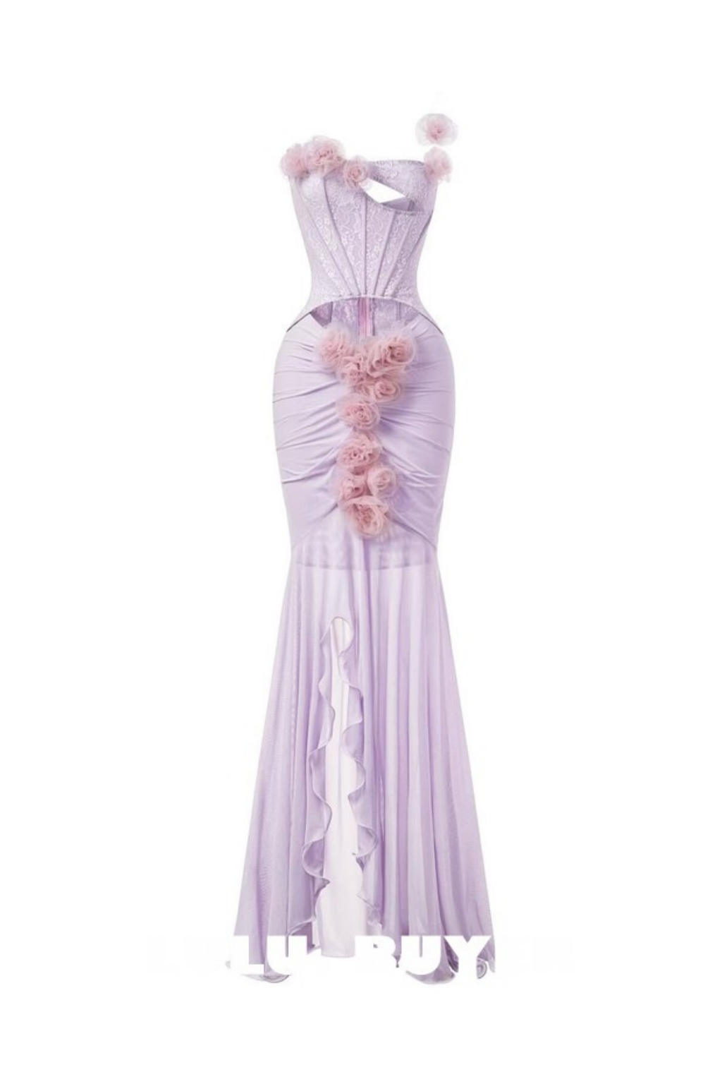 Sigrid 3D Flower Strapless Fishtail Maxi Dress In Purple Flowering Girl