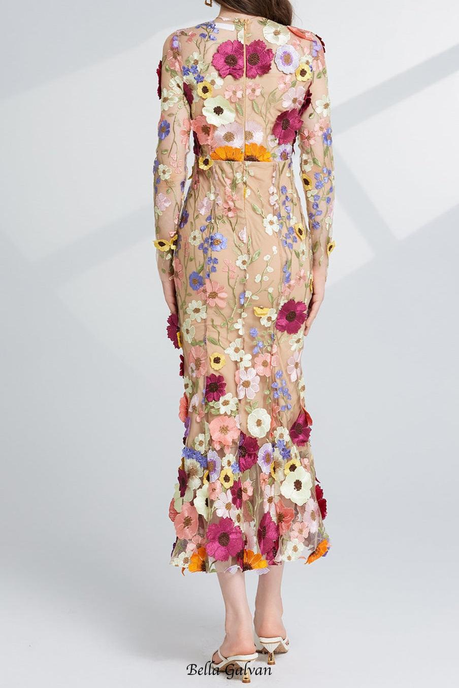 CAROL brown FLORAL EMBROIDERY MESH LONG SLEEVE MIDI DRESS Flowering Girl