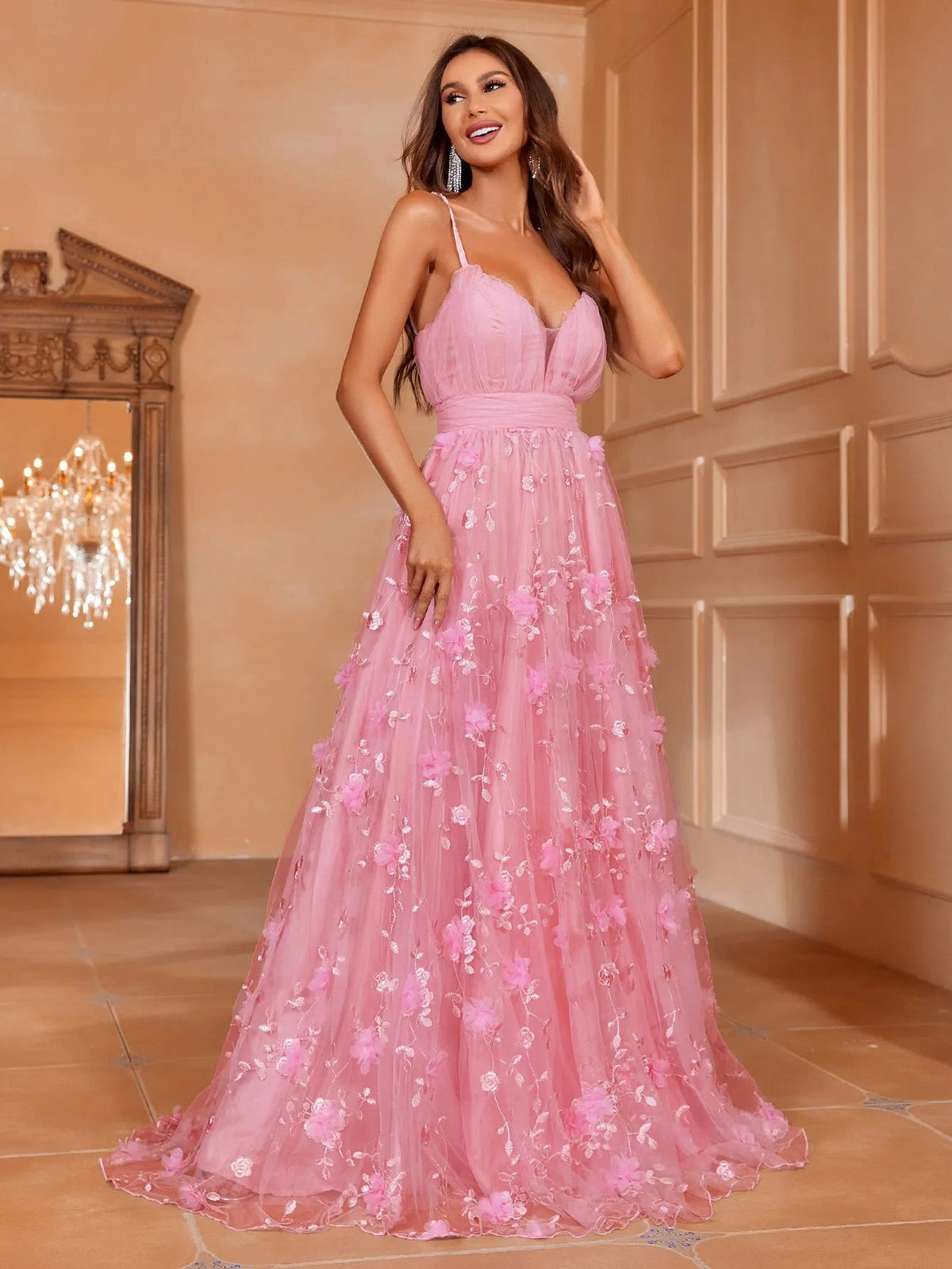 Elegant Plunging Neck Floral Applique Mesh Cami Party Dress Flowering Girl