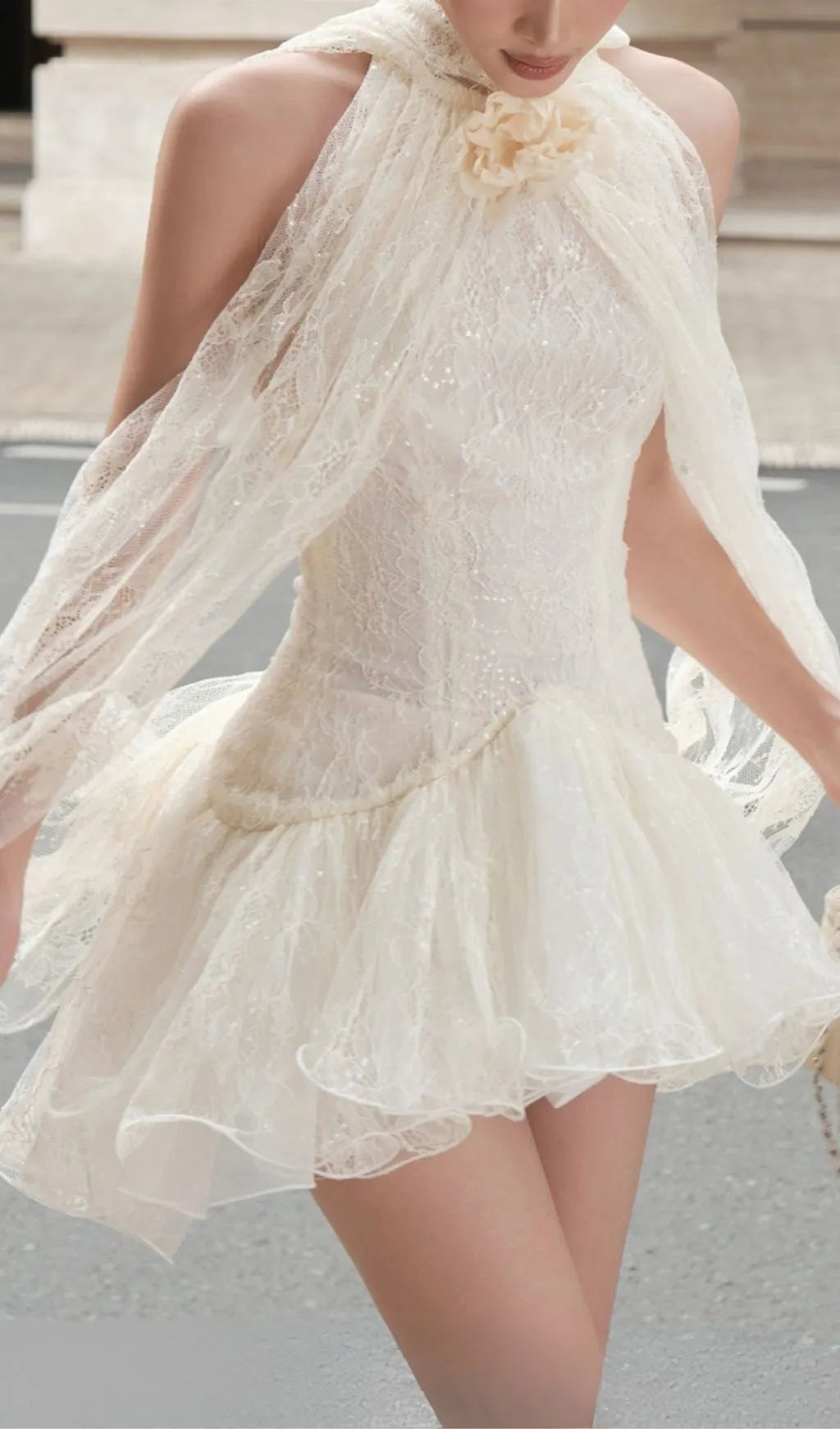 Kore Halter Lace Sequin Flower Mini Dress Flowering Girl