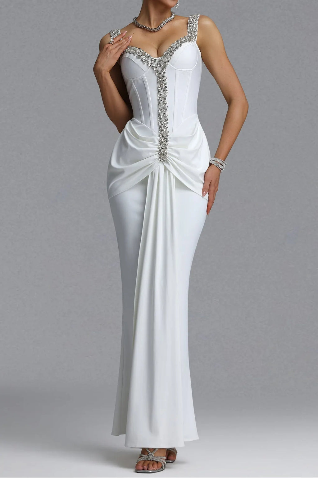 Rhinestone Trim Corset Draped Mermaid Maxi Dress Flowering Girl