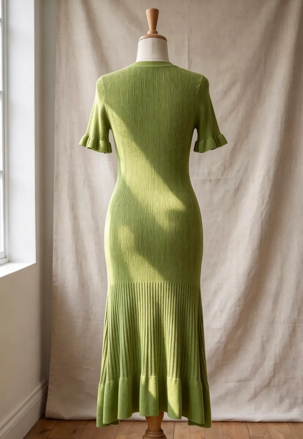 Olive Green Ribbed Knit A-Line Trumpet Midi Dress Flowering Girl