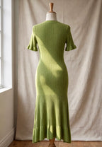 Olive Green Ribbed Knit A-Line Trumpet Midi Dress Flowering Girl