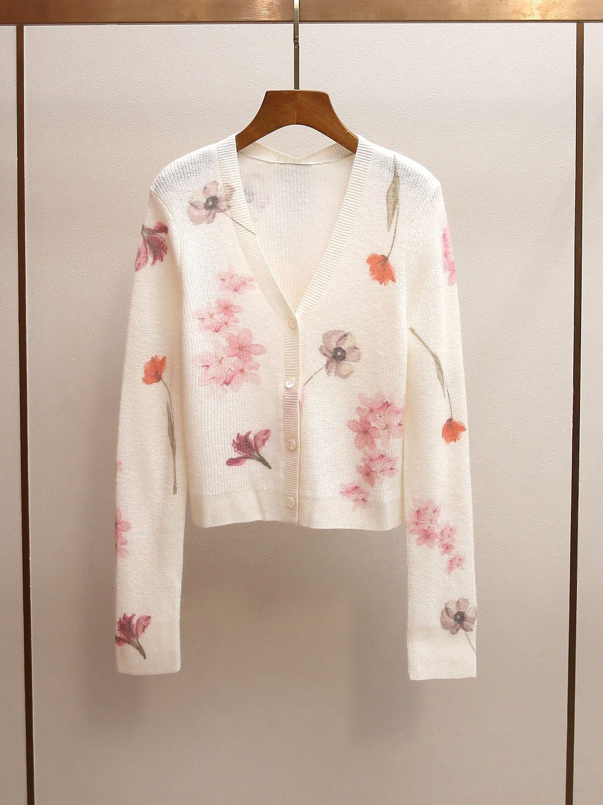 Off-White Fine-Gauge Knit Straight, Slightly Cropped Cardigan Flowering Girl