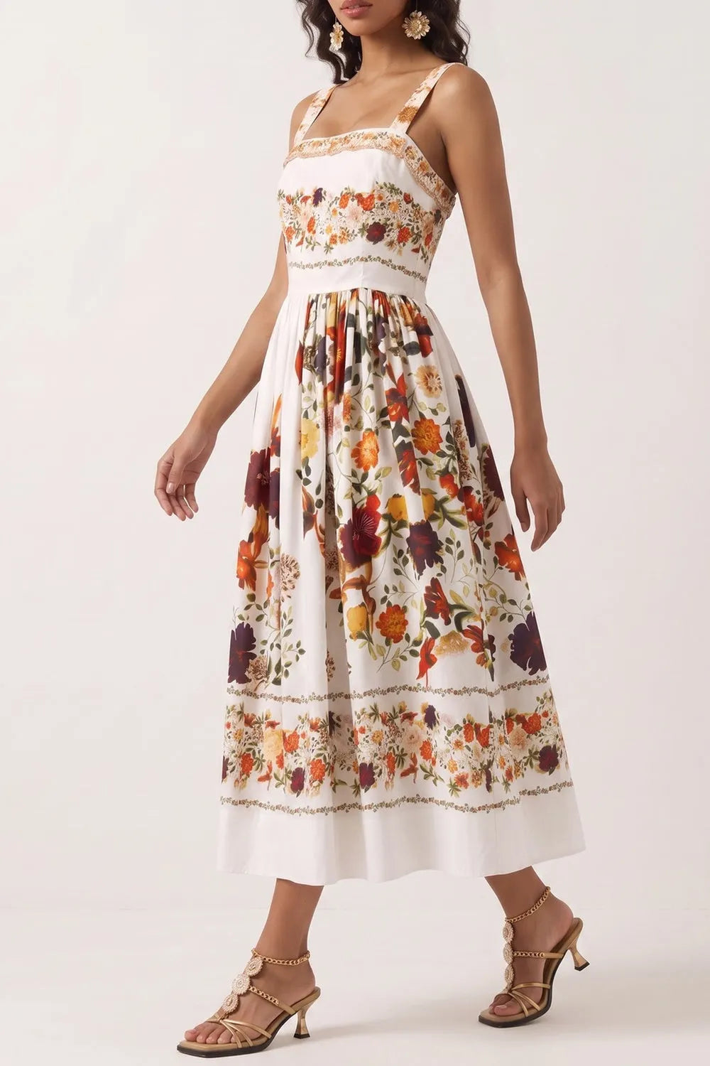 Wide Strap Floral Print Midi Dress Flowering Girl