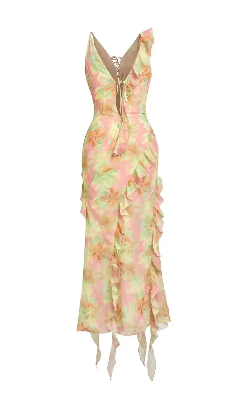Jessie Tie Dye V-Neck Ruffle Tie-Up Midi Dress Flowering Girl