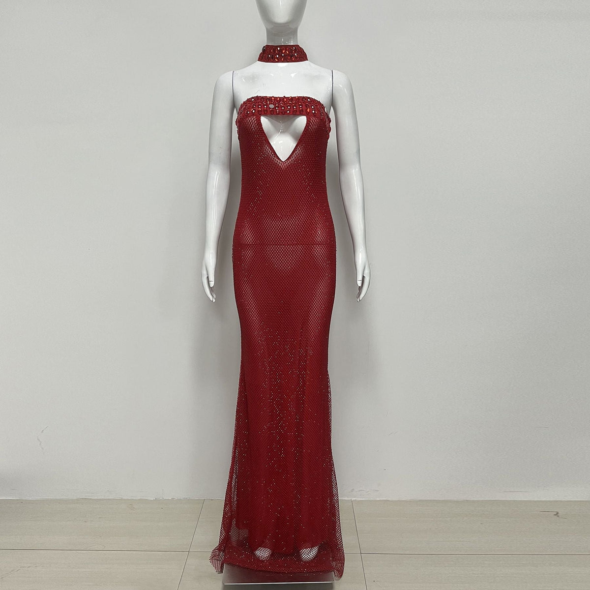 Sherry Rhinestone Embellished Cutout Sequin Strapless Maxi Dress - Red Flowering Girl