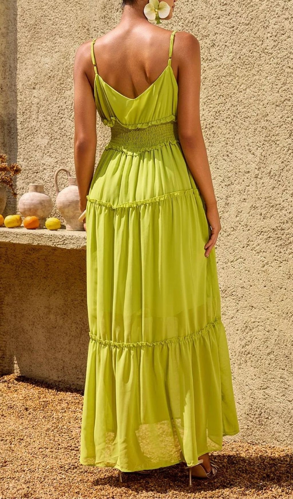 Saelvion Spaghetti Maxi Dress In Chartreuse Flowering Girl