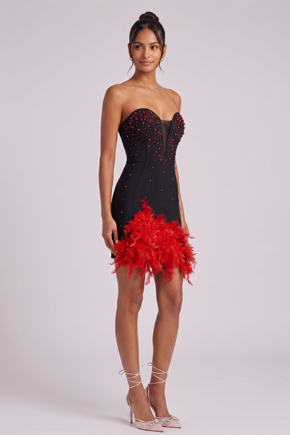 Black Bodycon Mini Dress with Red Feather Trim Flowering Girl
