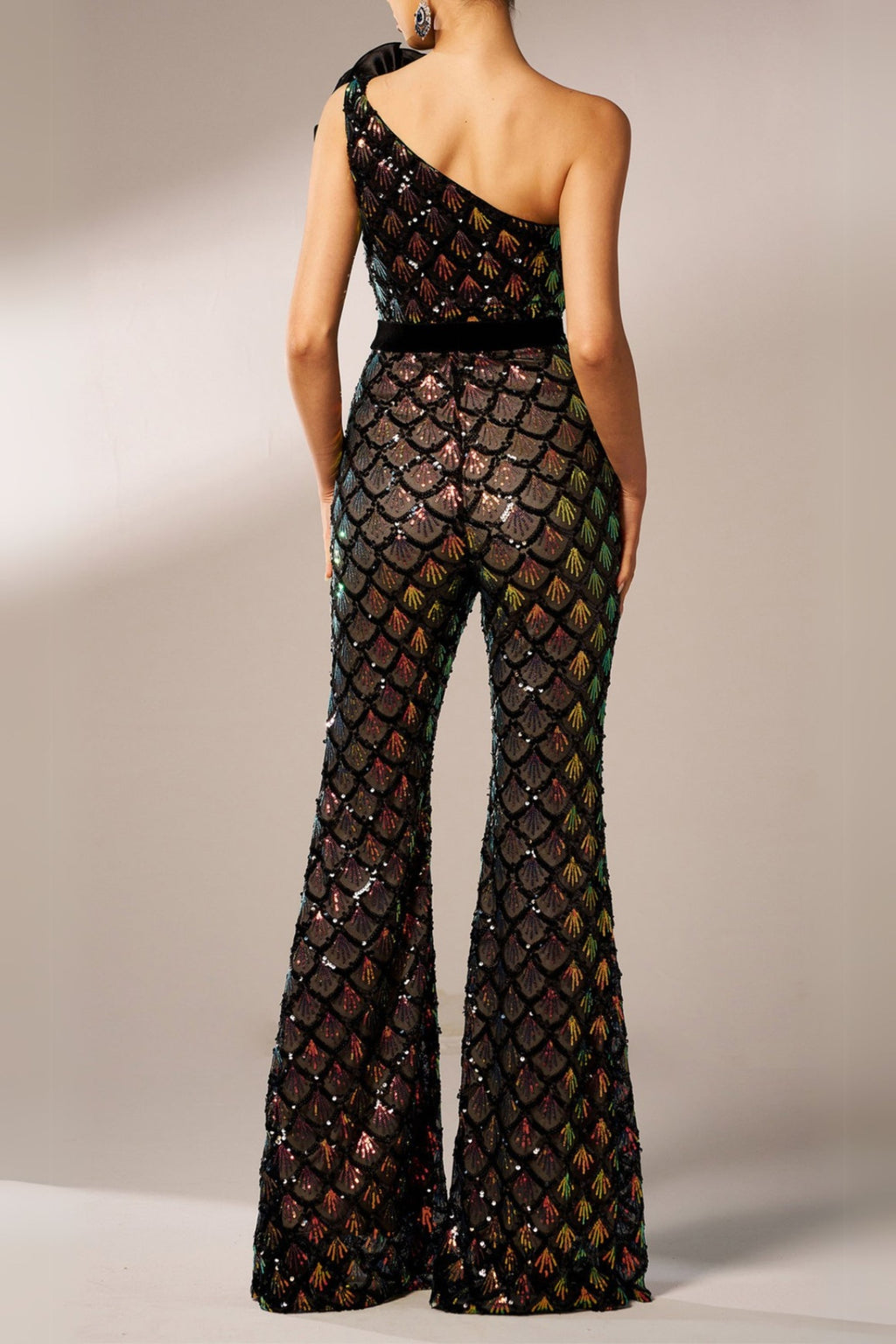 Mermaid Scale Floral One-Shoulder Sequin Jumpsuit Flowering Girl