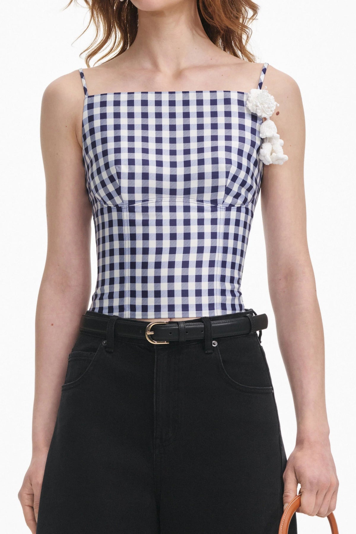 Navy Gingham Taffeta Top Flowering Girl