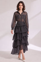 Black Sheer Organza Or Chiffon Fitted Shirt With High-Waisted Tiered Maxi Skirt Two-Piece Matching Set Flowering Girl