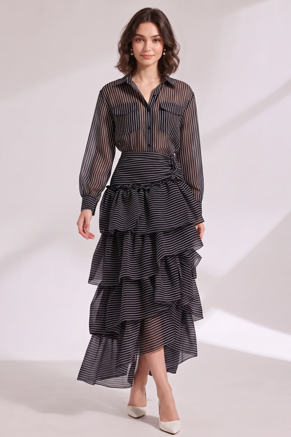 Black Sheer Organza Or Chiffon Fitted Shirt With High-Waisted Tiered Maxi Skirt Two-Piece Matching Set Flowering Girl