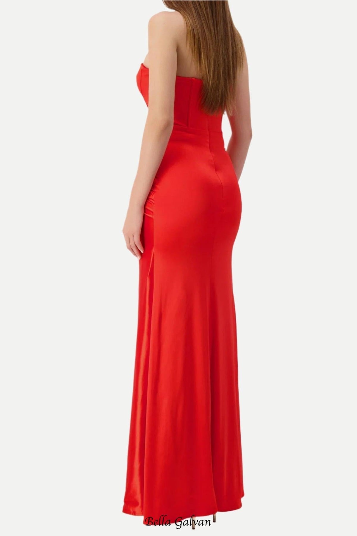 pleated strapless high slit maxi dress in red Flowering Girl